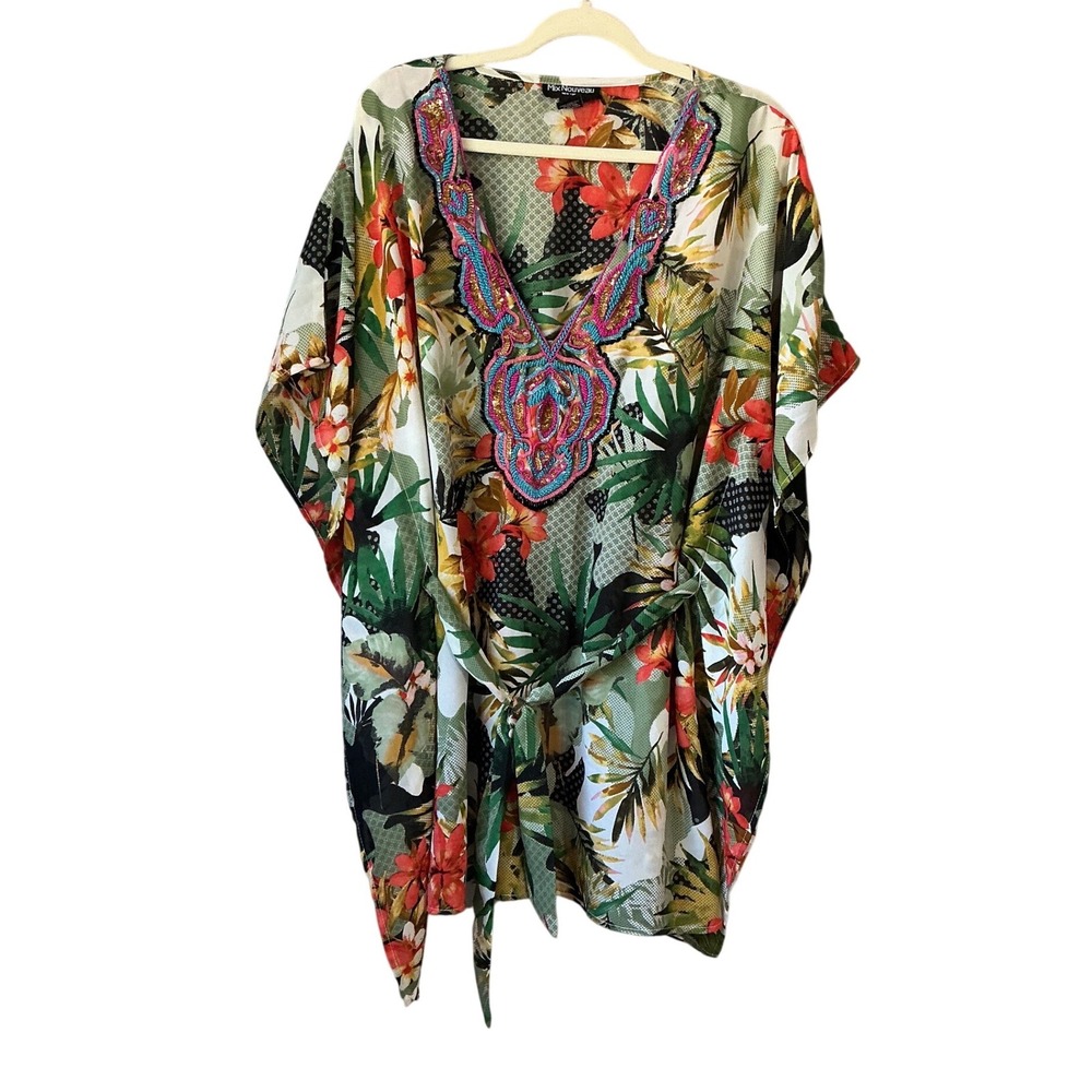 Mix Nouveau New York Tropical Floral Beaded V-Neck Kaftan Top Green Red Large
